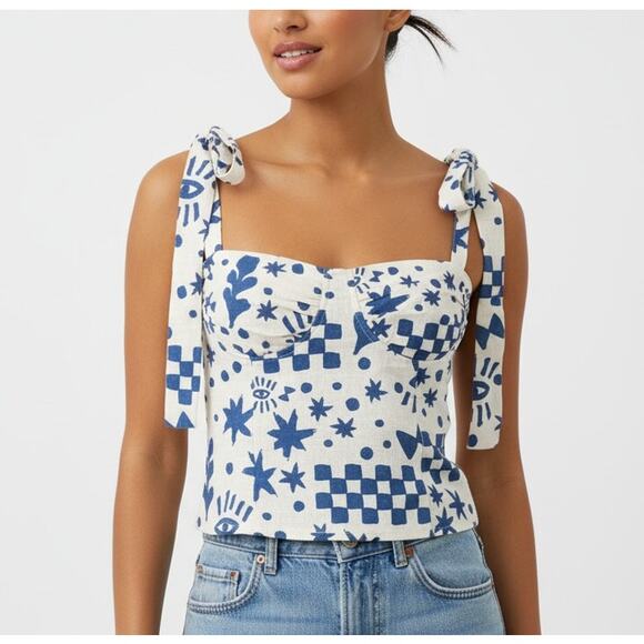 Vrg Grl Tops - VRG GRL Salty Hair Tie Top Linen Blue Cream Print Sz 6 (Runs Small!)